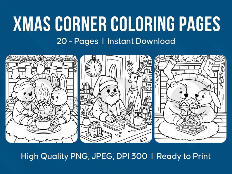 Xmas Christmas Coloring Pages for Kids, 20 Cute Holiday Animal Scenes