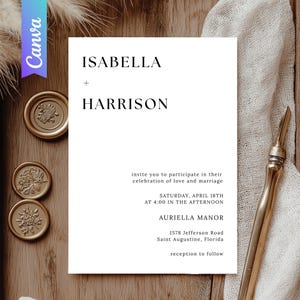 Plantilla de invitación de boda minimalista, elegante diseño en blanco y negro de Canva, descarga digital editable, regalo moderno para parejas, regalo para ella