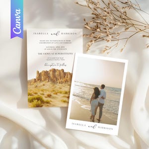 Huwelijksuitnodiging canvassjabloon met foto, bewerkbare uitnodiging, woestijn en strand modern design, afdrukbare digitale download, cadeau voor koppels