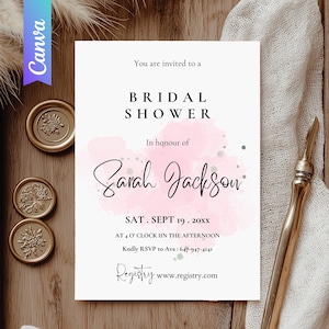 Sjabloon uitnodiging vrijgezellenfeest, elegant roze aquarelontwerp, bewerkbare en afdrukbare uitnodiging, instant download voor huwelijkscadeau