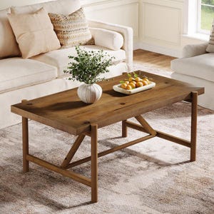 Solid Wood Coffee Table, Rustic Rectangular Center Table, Cylindrical Legs
