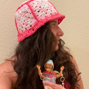 Pink and white Granny Square Crocheted Retro Vintage Boho Bucket Hat