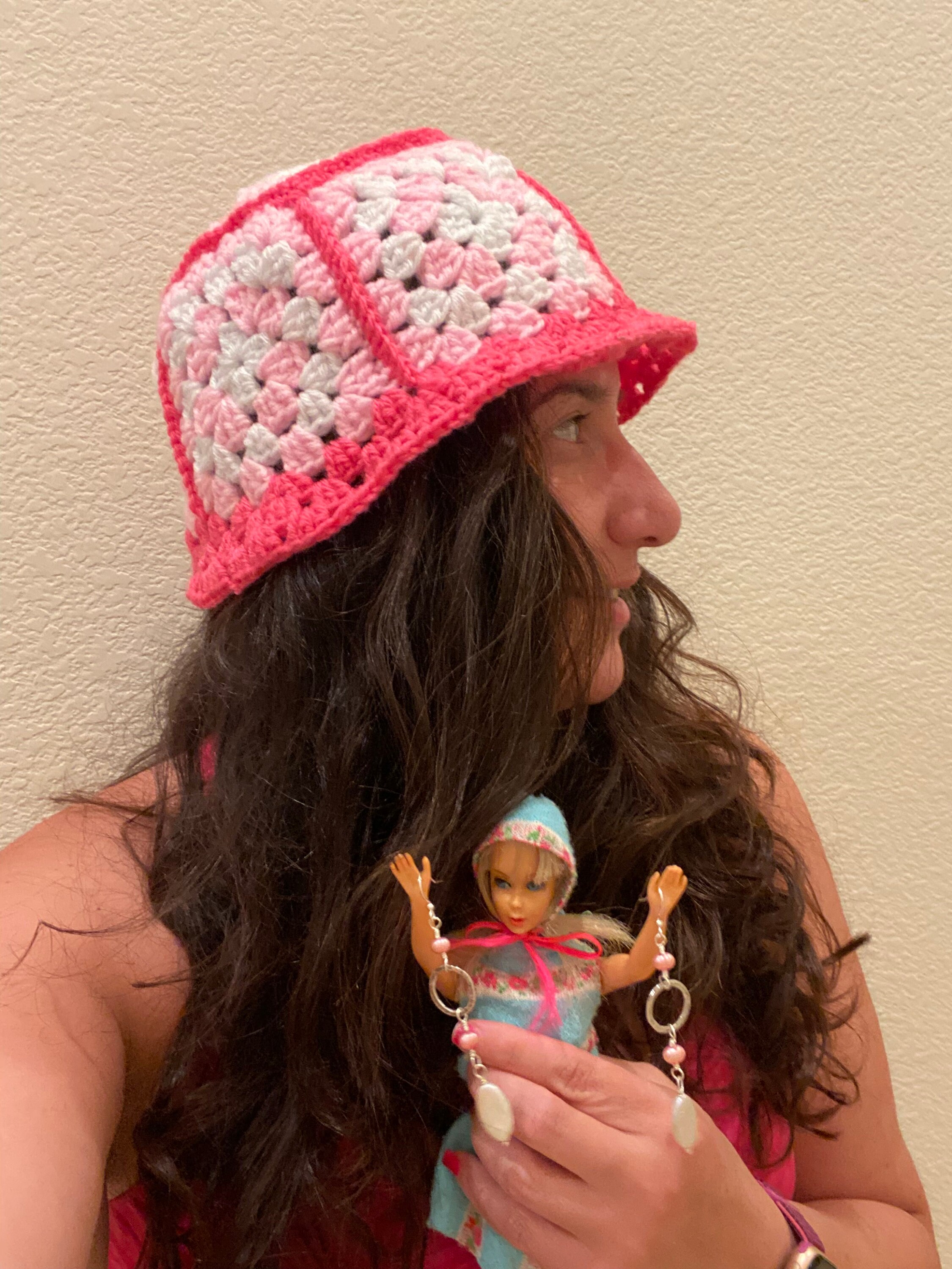 Pink and White Granny Square Crocheted Retro Vintage Boho 