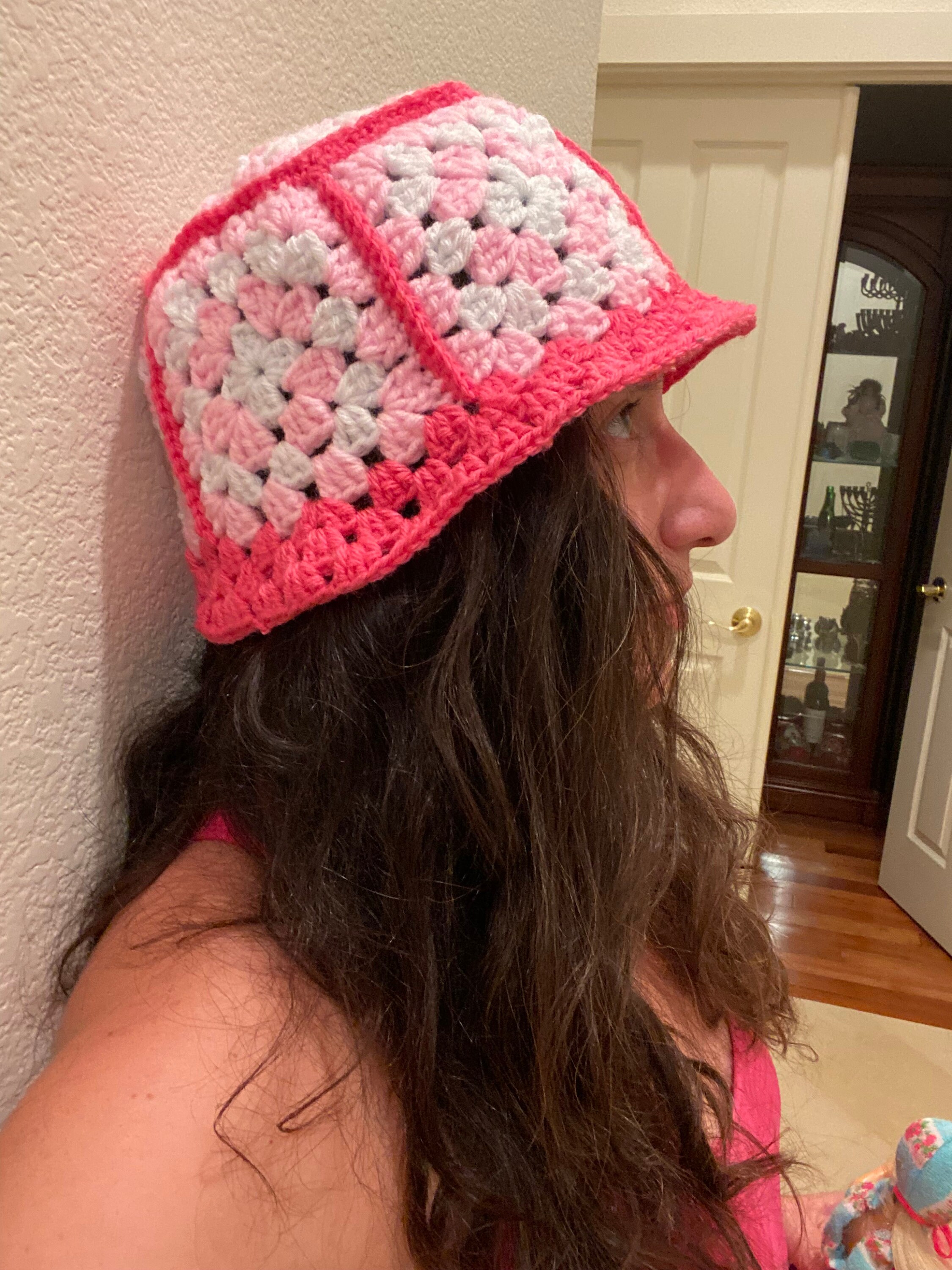 Crochet Bucket Hat Granny Square Pattern Pink and White Adult Size Handmade Easy Crochet Cherry Blossom Bucket Hat: Granny Square Pattern main image 3