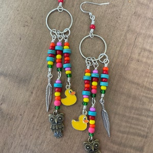 Owl Duck Feather Beaded Boho Earrings