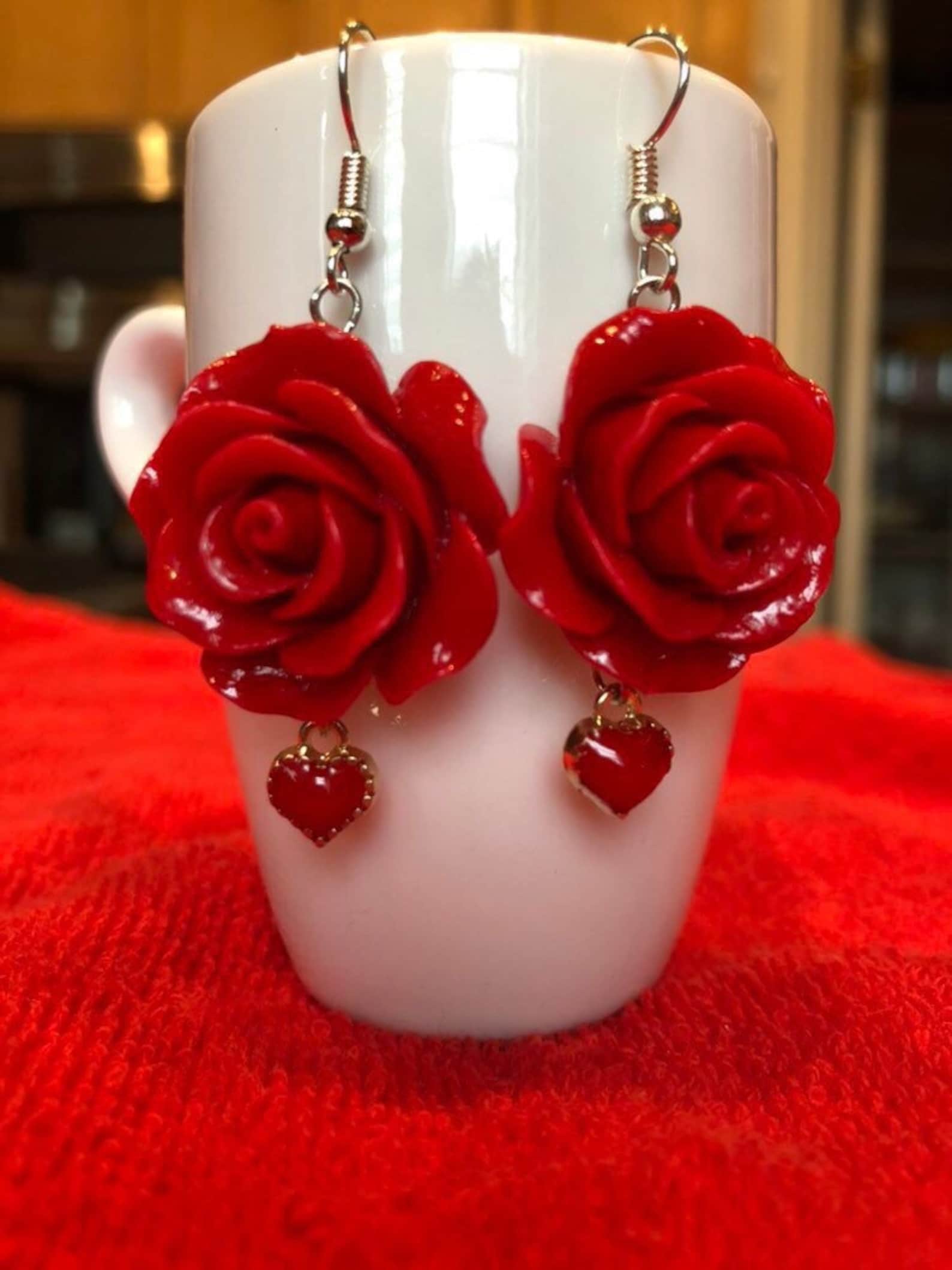 Red Rose Earrings Etsy