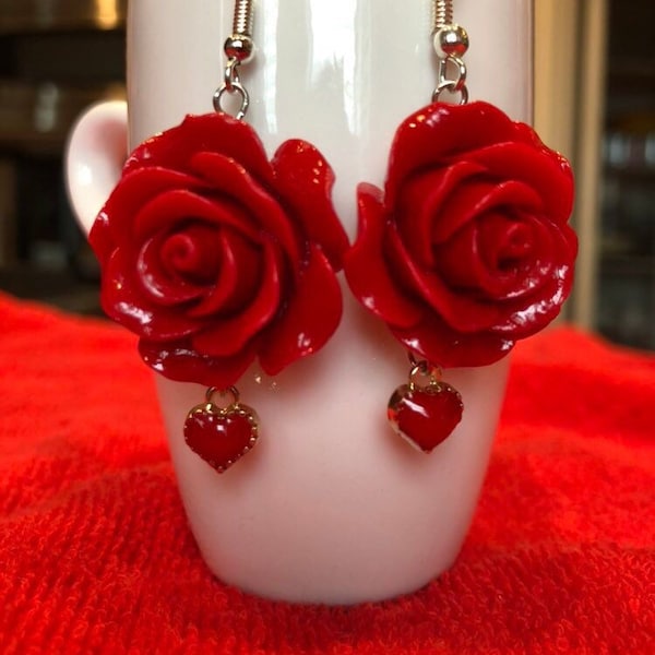 Red Rose Earrings Etsy