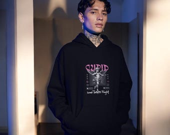 Cupid Oversized Hoodie, Unisex Gothic Angel Streetwear, Edgy Grunge Graphic Apparel, Casual Vintage Dark Romance Hoodie, Valentines Day Gift