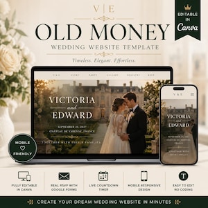 May include: A digital wedding website template titled Old Money, featuring a laptop and smartphone displaying a couple at a chateau. Text includes Victoria and Edward, September 21, 2027, Chateau de Varenne, France, and labels for editable features like RSVP and countdown.