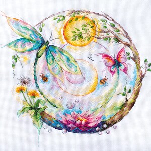 Cross stitch kit Dragonfly and Butterfly, traditional colourful pattern, counted x-stitch design, nature embroidery, DIY craft kit