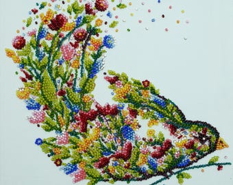 Perlenstickerei auf Kunstsegeltuch Magischer Vogel, natürliches Muster, Perlenstickerei, Geschenk für Sie
