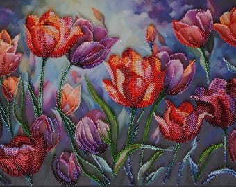 Perlenstickerei Perlenstickerei auf Kunst Leinwand Frühling Tulpen, Blumen Muster, DIY Blumen Kit, Florales Design