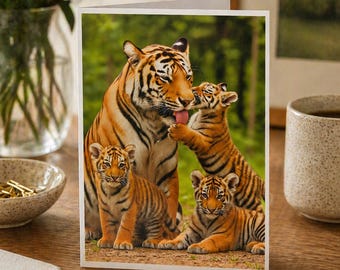 Tiger Mom and Cubs Greeting Card: Wildlife Art, Mother's Day card