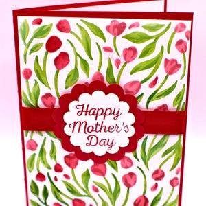 Handmade Mother’s Day Card with Watercolor Tulips and Red Ribbon | Floral Greeting Card for Mom | Elegant Spring Botanical Design