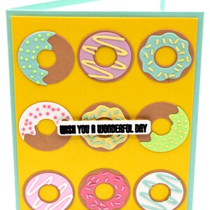 Notitiekaart donut – leuke handgemaakte wenskaart met kleurrijke donuts – blanco A2-kaart – briefpapier met zoete traktatie – ik wens je een geweldige dag