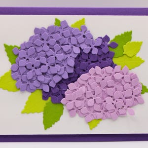 Notitiekaart hortensia – handgemaakt 3D-bloemdessin in paarse tinten – blanco binnenkant voor alle gelegenheden – verjaardag, bedankt, medeleven