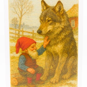 Kabouter- en wolfkaart - grillige bos vriendschap notitiekaart, blanco binnenkant, zachte fantasiescène, wenskaart vertrouwen en gezelschap