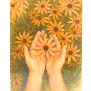 Carte de correspondance Hands Holding Flower – Carte de voeux vierge avec Susan aux yeux noirs – Papeterie botanique aquarelle – Carte faite main A2