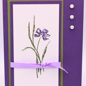 Handmade Purple Iris Mother’s Day Card – Elegant Floral Stamp, Ribbon and Pearl Detail, Simple Sentiment Inside, Botanical Design