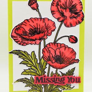 Tarjeta "Te extraño" - Tarjeta floral de amapola roja hecha a mano, interior en blanco, saludo "Pensando en ti", tarjeta botánica brillante de ánimo o amor.
