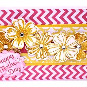 Bright Floral Handmade Mother’s Day Card | Pink Yellow Flowers with Rhinestones | Fun Layered Design for Mom | Spring Greeting Card