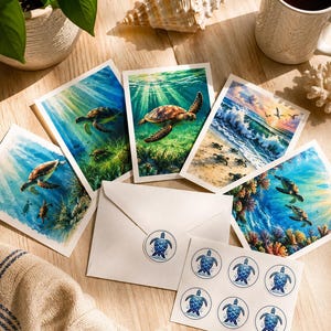 May include: A collection of five rectangular greeting cards featuring sea turtle illustrations, a white envelope sealed with a circular sea turtle sticker, and a sheet of six circular stickers each displaying a blue sea turtle graphic design.