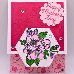 Handmade Mother’s Day Card – Pink Floral Greeting with Hand-Colored Blooms – Elegant Hexagon Design – Celebrate Mom with Love