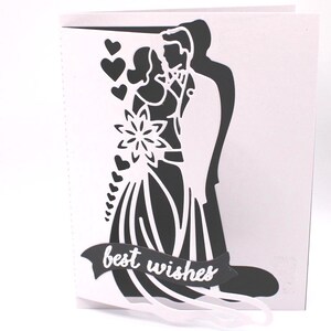 Trouwkaart Beste wensen Elegante zwart-witte bruid en bruidegom silhouet handgemaakte groet voor verloving of jubileumcadeau