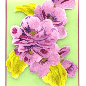 Carte florale scintillante faite main - Fleurs 3D roses et violettes scintillantes sur fond vert - Carte de voeux vierge pour toutes les occasions
