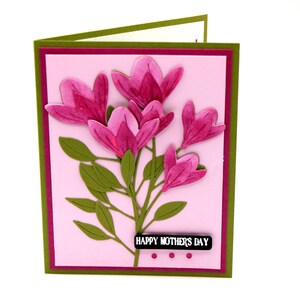 Handmade Mother's Day Card - Dimensional Pink Flowers - Layered Paper Art - Joyful Message Inside - Elegant Green & Pink Design