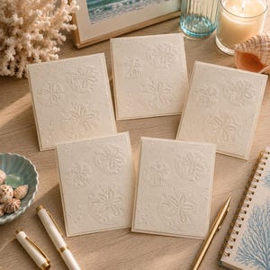 Embossed Sand Dollar Note Cards, Coastal Beach Stationery Set (5 Cards + Seals)