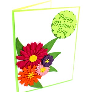 Handmade Mother’s Day Card with Dimensional Paper Flowers Bright Colors and Sentiment Inside Joyful and Cheerful Greeting