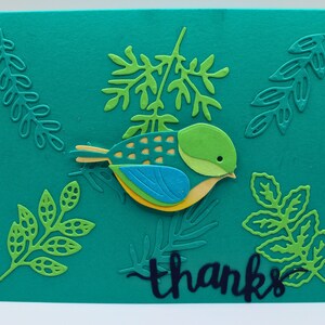Handmade Thank You Card – Colorful Bird with Leaves on Teal Cardstock, You Are the Best Inside Message, Layered Nature Appreciation Card