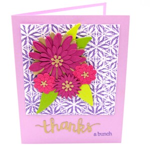 Handgemaakte bloemenbedankkaart – roze en paarse bloemen, "Thanks a Bunch" – waarderingskaart voor leraar, vriend, collega