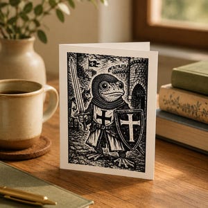 May include: A greeting card featuring a black and white illustration of a frog knight holding a sword and shield with a cross. The frog is wearing a helmet and armor, standing in front of a castle.