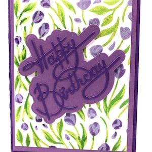 Handmade Birthday Card with Purple Tulips, Layered Die Cut Greeting, Heartfelt Sentiment inside, decorated envelope