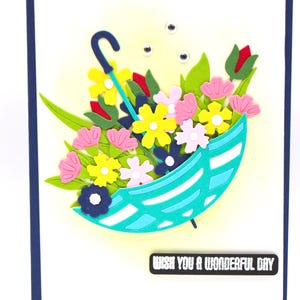 Handgefertigte Grußkarte – Helles Blumendesign – Regenschirm-Design – “Wish You a Wonderful Day” – Perfekt für Geburtstag, Ermutigung oder jeden Anlass