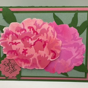 Carte de rétablissement florale en couches Carte d'encouragement faite main avec des pivoines roses Carte de voeux Se sentir mieux bientôt
