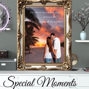 Retrato pareja familia digital en la playa, Dubai, Torre Eiffel, Disneyland... archivo personalizado para compartir e imprimir. imagen de amor boda