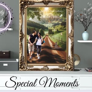 Portret van een stel en een gezin, digitaal op het strand, Dubai, Eiffeltoren, Disneyland... gepersonaliseerd bestand om te delen en af te drukken. foto liefde bruiloft