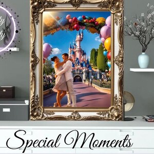 Retrato pareja familia digital en la playa, Dubai, Torre Eiffel, Disneyland... archivo personalizado para compartir e imprimir. imagen de amor boda