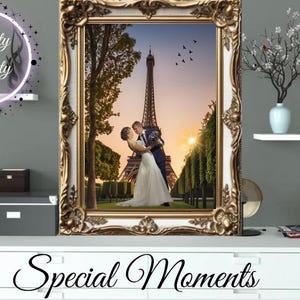 Portret van een stel en een gezin, digitaal op het strand, Dubai, Eiffeltoren, Disneyland... gepersonaliseerd bestand om te delen en af te drukken. foto liefde bruiloft