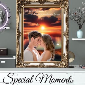 Retrato pareja familia digital en la playa, Dubai, Torre Eiffel, Disneyland... archivo personalizado para compartir e imprimir. imagen de amor boda