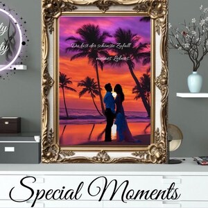 Portret van een stel en een gezin, digitaal op het strand, Dubai, Eiffeltoren, Disneyland... gepersonaliseerd bestand om te delen en af te drukken. foto liefde bruiloft