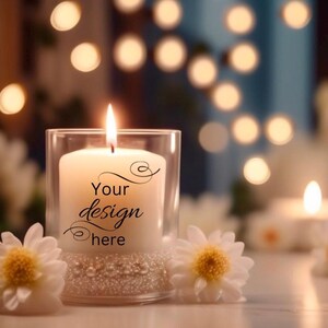 Glas Kerze Candle Mockup Print on demand Vorlage Design digital Mock ups präsentieren Bild Download schön mockup Kugeln Lichter Blumen