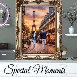 Retrato pareja familia digital en la playa, Dubai, Torre Eiffel, Disneyland... archivo personalizado para compartir e imprimir. imagen de amor boda