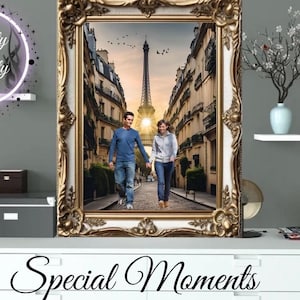 Portret van een stel en een gezin, digitaal op het strand, Dubai, Eiffeltoren, Disneyland... gepersonaliseerd bestand om te delen en af te drukken. foto liefde bruiloft