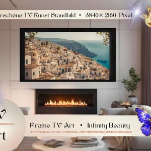 Frame TV Kunst Afbeelding digitaal Download 4K Stad Griekenland Water Zee Oude Stad 16:9 Screensaver Stilstaand Beeld Televisie