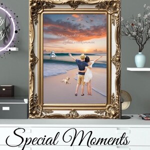 Retrato pareja familia digital en la playa, Dubai, Torre Eiffel, Disneyland... archivo personalizado para compartir e imprimir. imagen de amor boda