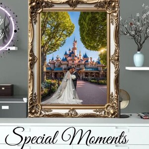 Retrato pareja familia digital en la playa, Dubai, Torre Eiffel, Disneyland... archivo personalizado para compartir e imprimir. imagen de amor boda